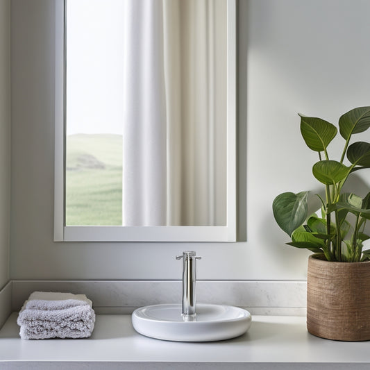 A serene, minimalist bathroom counter with a few, carefully placed, elegant essentials: a small, ornate mirror, a delicate, white candle, and a single, lush, green plant in a sleek, modern pot.
