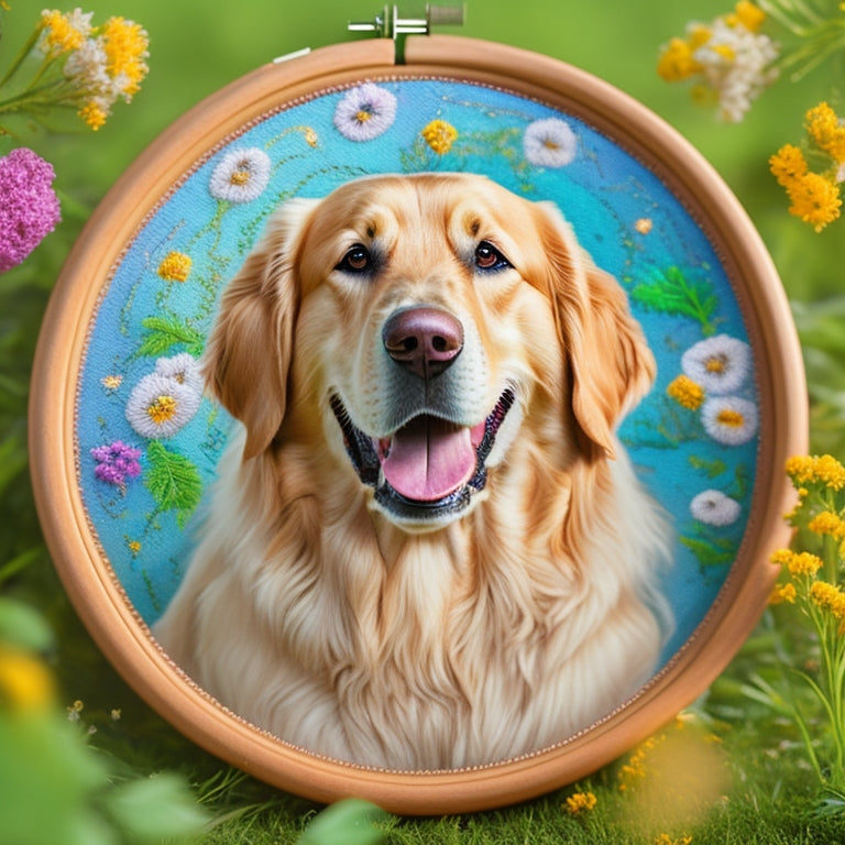 A whimsical, circular embroidery hoop featuring a playful, golden retriever's face with a smiling mouth and endearing, floppy ears, surrounded by colorful, swirling threads and delicate, white flowers.