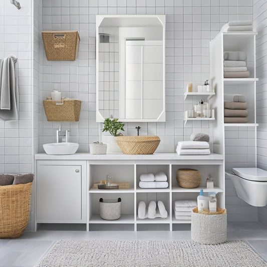 A modern, white, rectangular bathroom with grey accents, featuring a grid pattern of woven storage baskets in various sizes, hung from a wall or placed on shelves, with a few toiletries and towels nearby.