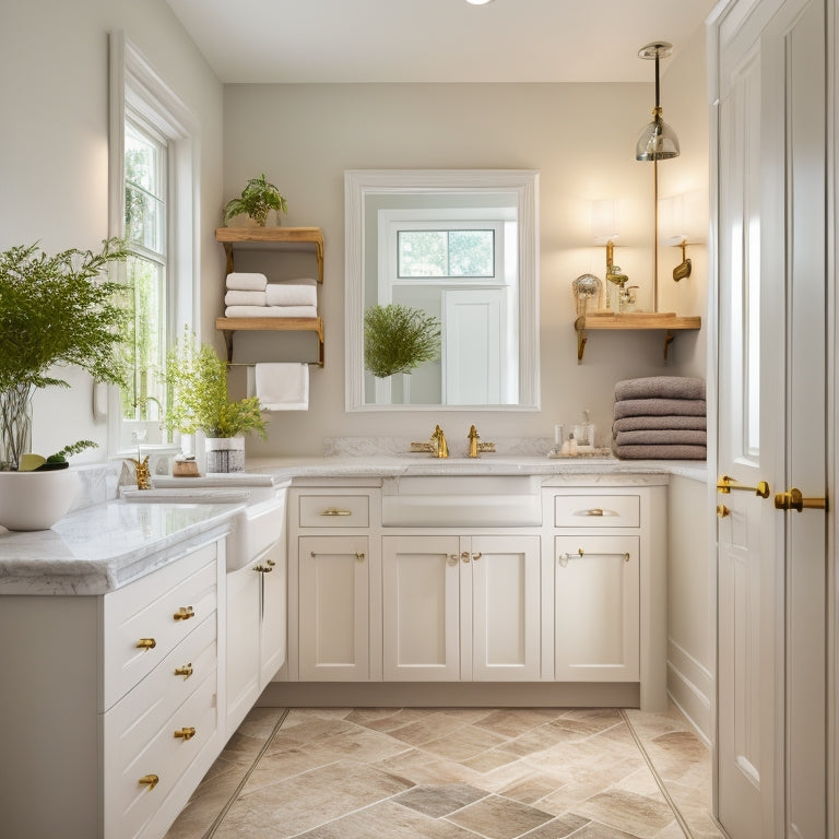 A serene bathroom interior with 10 varied bathroom cupboards and sinks, showcasing different styles, materials, and layouts, surrounded by calming white walls and soft, warm lighting.