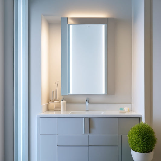 A serene, modern bathroom with a sleek white wall-mounted medicine cabinet featuring a mirrored door, soft LED lighting, and a minimalist chrome handle, against a subtle gray background.