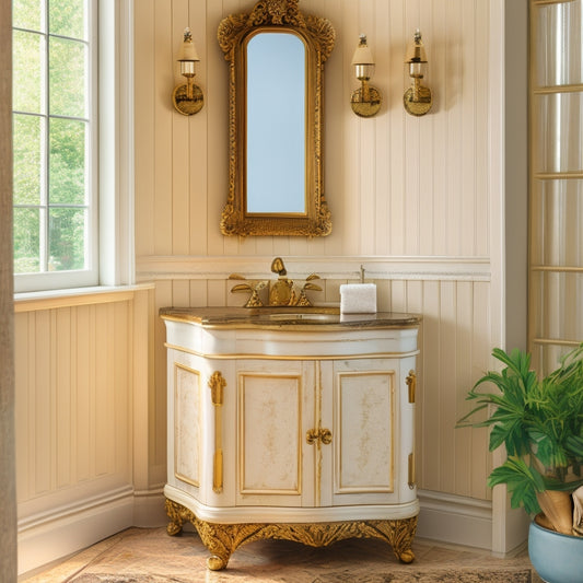 A vintage freestanding bathroom cabinet with ornate wood carvings, a distressed white finish, and elegant brass handles, set against a classic tiled wall, surrounded by soft, natural lighting and vintage toiletries.