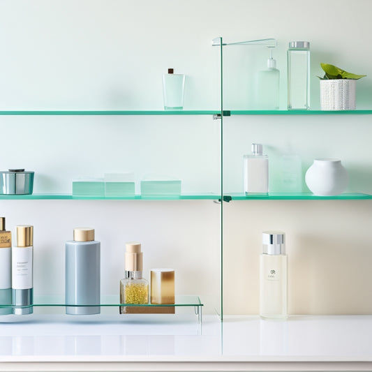 A minimalist bathroom with a wall-mounted glass shelf unit featuring three rectangular glass shelves, chrome brackets, and a few decorative bathroom essentials, set against a soft, creamy white background.