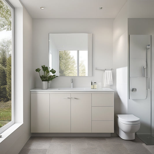 A serene, modern bathroom with a large, mirrored above-sink medicine cabinet featuring soft-close doors, surrounded by sleek, white countertops and a minimalist sink basin.