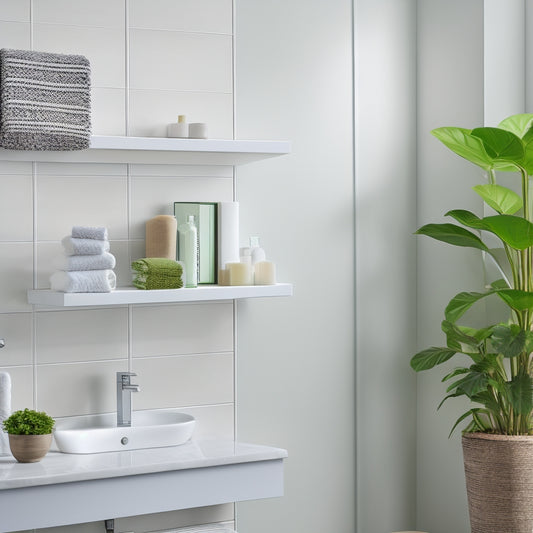A serene bathroom with a wall-mounted, rectangular floating shelf in matte white, holding a few rolled towels and a small potted plant, against a soft gray background with subtle marble veins.