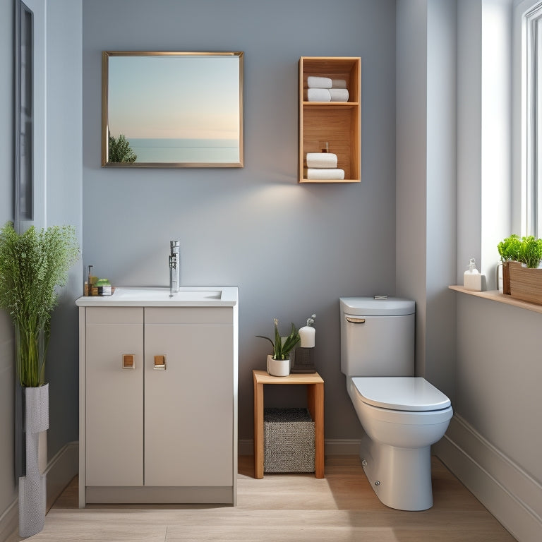A tidy, modern small bathroom with a wall-mounted corner cabinet, a pedestal sink, and a compact toilet, showcasing a functional and stylish storage solution.