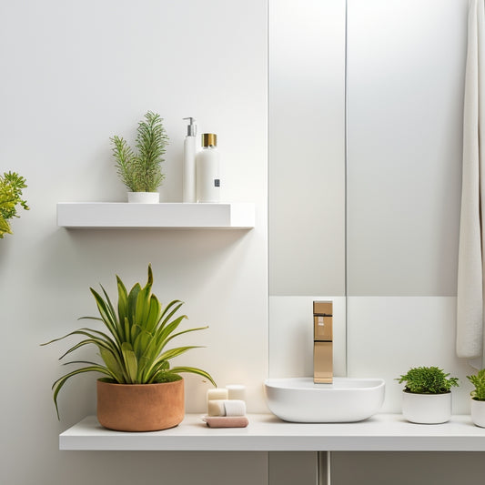 A serene, modern bathroom with a sleek, wall-mounted shelf above a minimalist sink, holding a few, artfully arranged toiletries and a small potted plant, against a soft, white background.