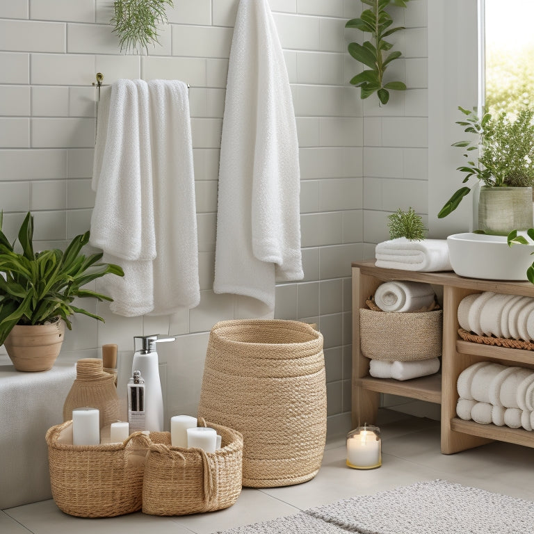 A serene, white-tiled bathroom with woven baskets of varying sizes, filled with rolled towels, toiletries, and decorative shells, placed on shelves and countertops, surrounded by potted plants and a few candles.