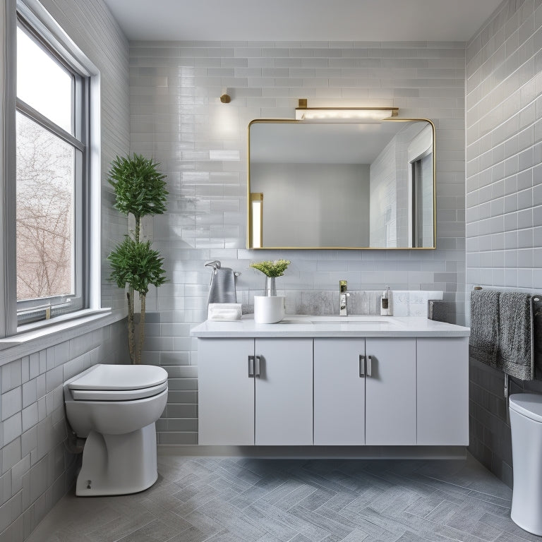 A modern bathroom with a sleek, wall-mounted vanity featuring a white, rectangular sink and chrome faucet, set against a backdrop of large, gray subway tiles and a floor-to-ceiling mirror.