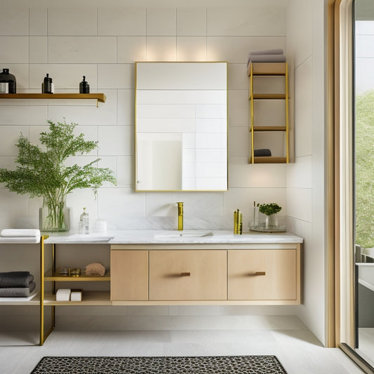 A sleek bathroom featuring minimalist cabinetry, open shelving with elegant toiletries, a floating vanity with marble accents, large mirrors reflecting soft lighting, and a stylish ladder for towels against a serene, neutral color palette.