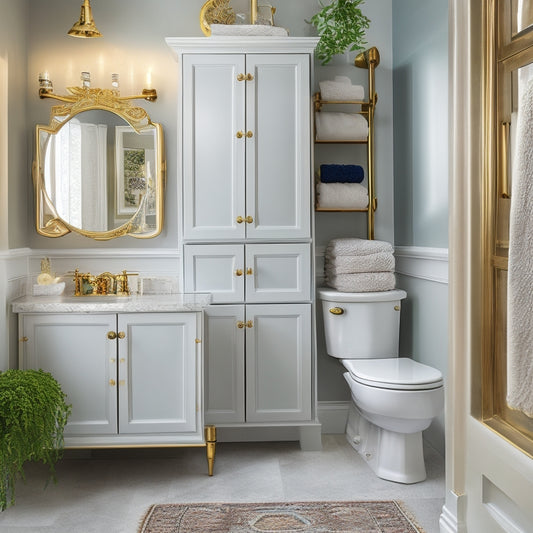 A clutter-free bathroom with a wall-mounted, ladder-like shelving unit, a pedestal sink with built-in storage, and a mirrored cabinet with ornate gold hardware, surrounded by soft, warm lighting.