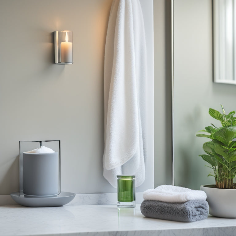 A minimalist bathroom with a wall-mounted, polished chrome shelf holding a few rolled towels, a small potted plant, and a candle, against a soft, grey background with subtle marble veins.