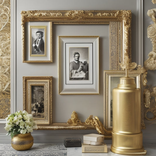 A beautiful, ornate gold frame leaning against a white wall, surrounded by scattered art prints of famous paintings, with a few rolled up prints and a hammer in the background.