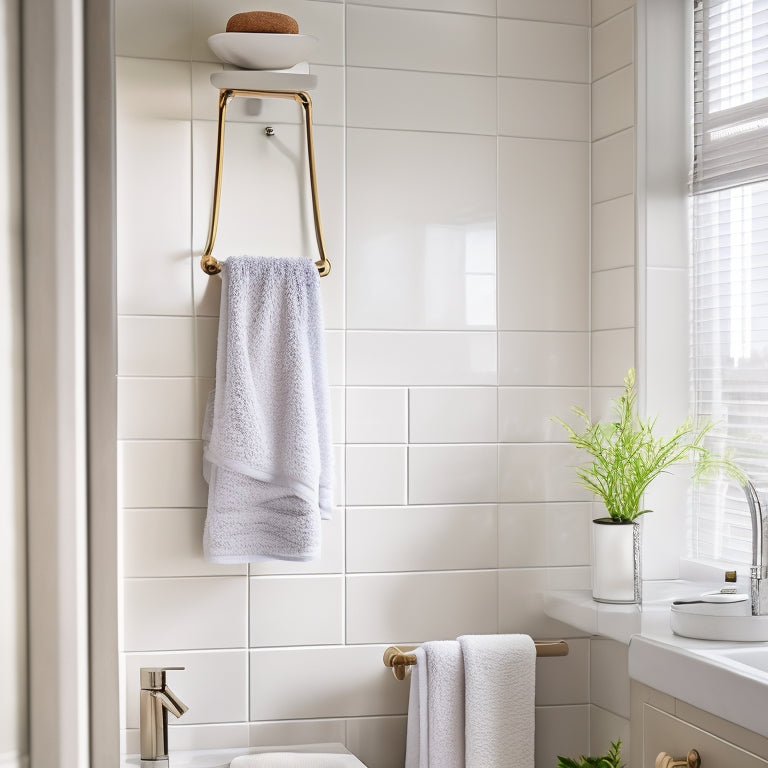 A modern, sleek, wall-mounted towel rack with multiple hooks, set in a small, stylish bathroom with light-colored tiles and a compact sink. Natural light filters through a frosted window, highlighting the organized space.