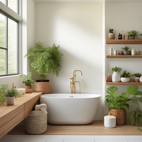 A minimalist bathroom with white walls, a freestanding tub, and a large window; three floating shelves in a warm wood tone, adorned with potted plants, candles, and a few decorative bottles.