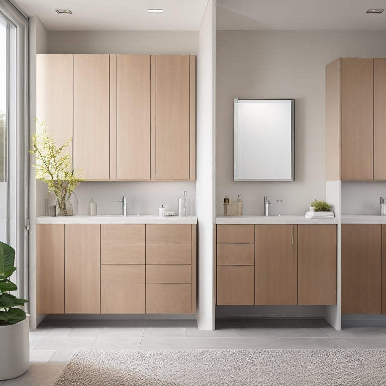 A modern bathroom featuring slimline cabinets with a minimalist design, sleek metallic handles, soft ambient lighting, a neutral color palette of whites and grays, and elegant natural wood accents.