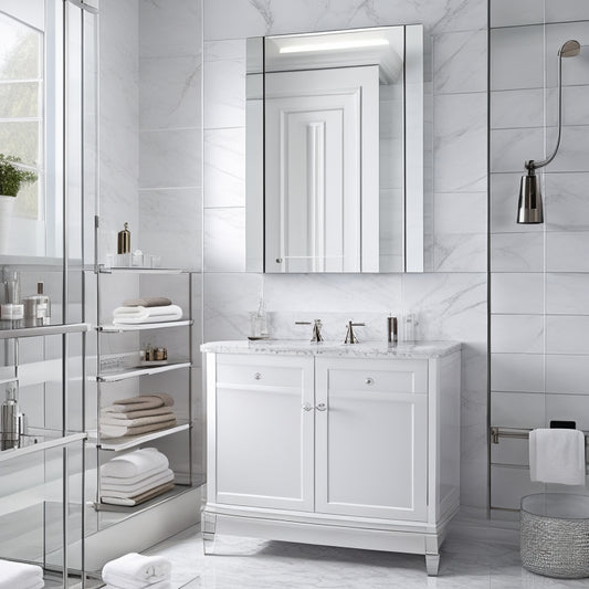 A sleek, modern bathroom featuring a luxurious storage rack with a unique glacier pattern, adorned with polished chrome accents and glass shelves, against a backdrop of soft, white marble flooring and walls.