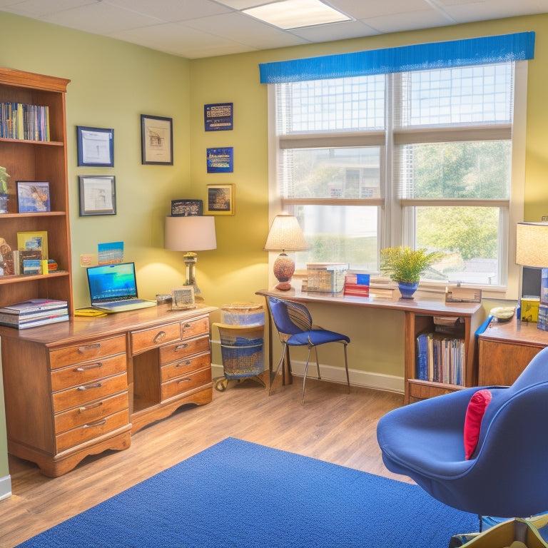 A warm and inviting high school counselor's office with a desk, chair, and shelves filled with college brochures, trophies, and inspirational quotes, surrounded by bright colors and natural light.