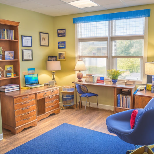 A warm and inviting high school counselor's office with a desk, chair, and shelves filled with college brochures, trophies, and inspirational quotes, surrounded by bright colors and natural light.