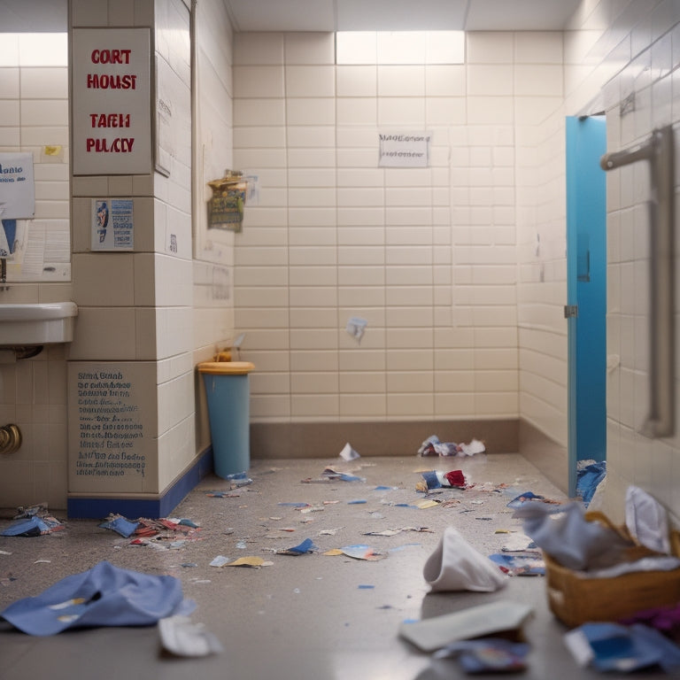 A chaotic school hallway scene with torn bathroom passes littering the floor, a ripped sign on the wall reading "Bathroom Policy" with a giant X marked through it, and frustrated students in the background.