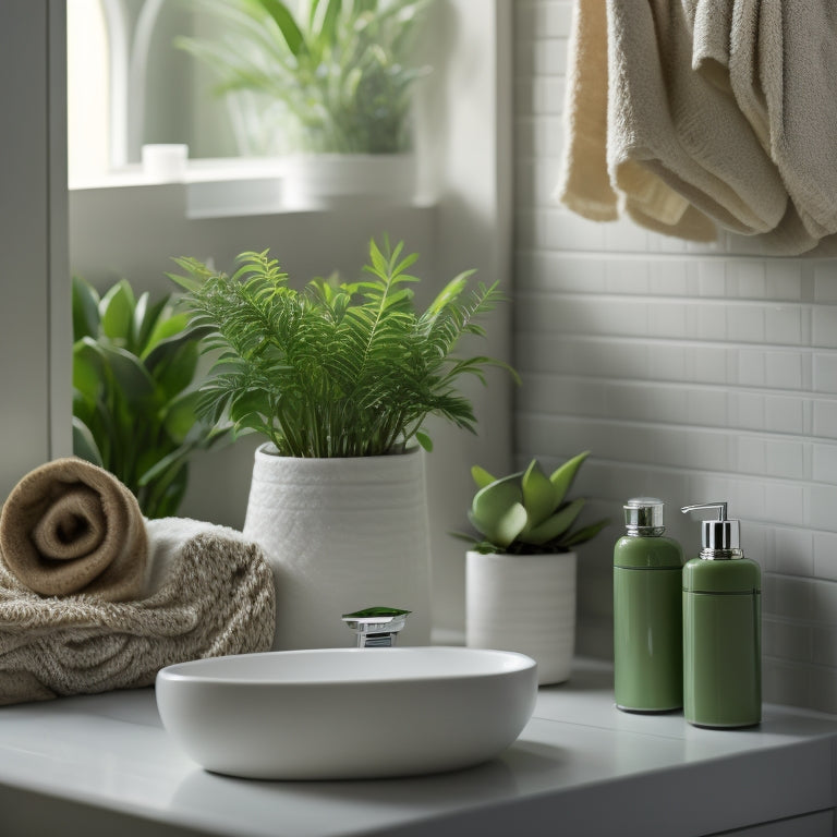 A serene bathroom scene with a few strategically placed items: a small woven basket holding a few toilet paper rolls, a minimalist soap dispenser, and a single, lush green plant on a sleek countertop.