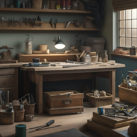 A clutter-free workbench with a cover clamp at its center, surrounded by neatly organized tools and materials, with a few clamped objects in various stages of assembly.