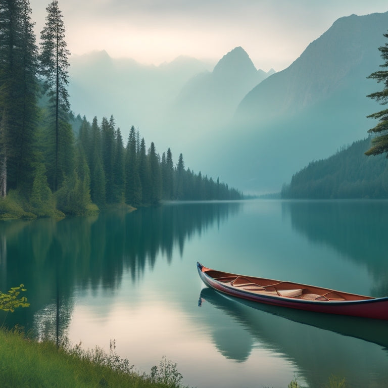 A serene lake surrounded by lush green trees, with a canoe and kayak in the foreground, and a subtle misty mountain range in the background, evoking a sense of adventure and tranquility.