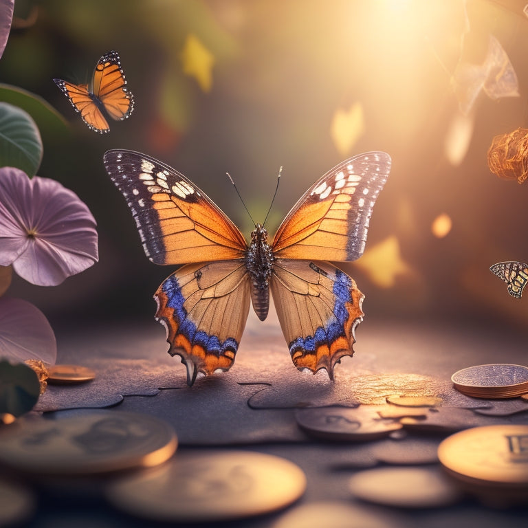 An illustration of a butterfly emerging from a cocoon, surrounded by puzzle pieces and currency symbols, with a subtle, shimmering aura and a warm, golden light in the background.