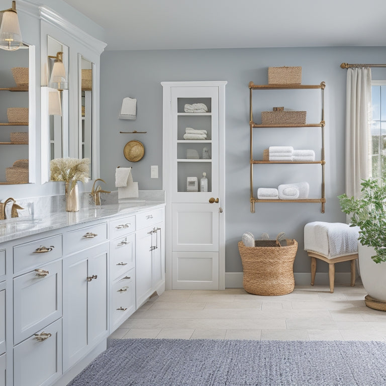 A serene, well-lit master bathroom with a large, wall-to-wall mirror, a freestanding tub, and a built-in shelving unit with woven baskets and decorative storage bins.