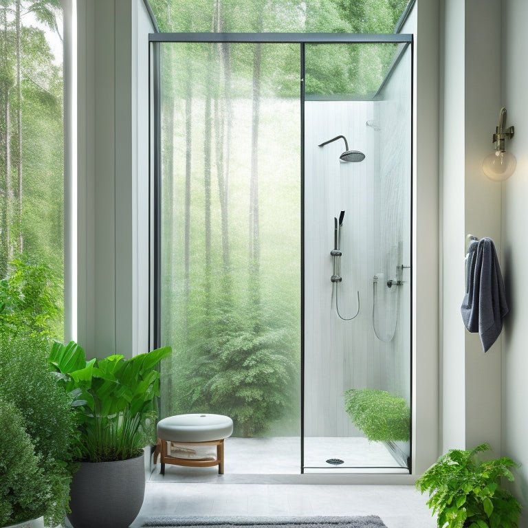 A serene, modern shower space with a freestanding tub, rainfall showerhead, and marble-clad walls, surrounded by lush greenery, illuminated by soft, warm natural light filtering through a large skylight above.