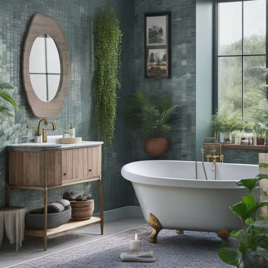 A serene bathroom with a mix of 7 unique wall decor ideas: a large botanical print above a freestanding tub, a geometric tile accent wall, a wooden shelf with decorative vases, etc.