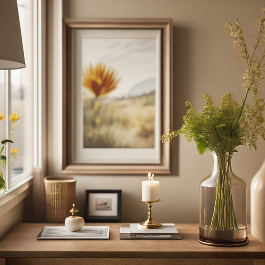 A warm, inviting living room with a tidy bookshelf, a vase with fresh flowers, and a few framed photos on a minimalist desk, surrounded by natural light and a hint of golden warmth.