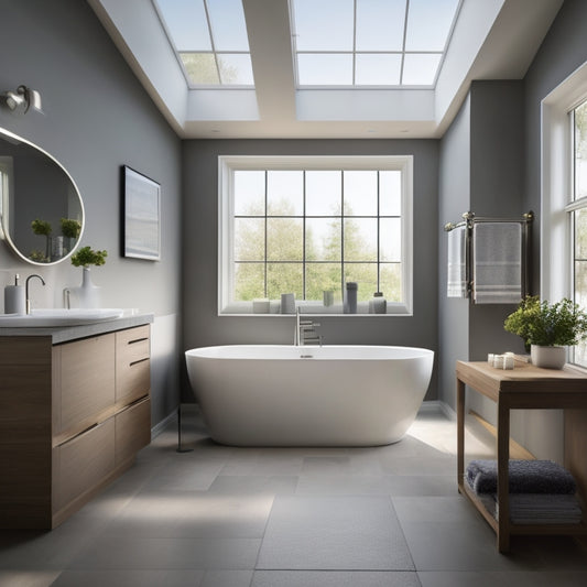 A serene, modern bathroom with cream-colored walls, sleek grey countertops, and a freestanding tub surrounded by large, dark-tiled flooring, under a massive skylight flooding the space with natural light.