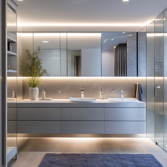 A sleek, modern bathroom with a wall of floor-to-ceiling cabinets featuring soft-glowing LED lights, illuminated glass shelves, and a large, frameless mirror reflecting a spa-like ambiance.