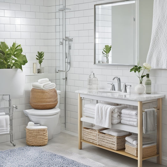 A serene bathroom with a white marble countertop, glass vessel sink, and a minimalist mirror, featuring H&M Home's woven storage baskets, sleek chrome shelves, and a geometric-patterned bath mat.