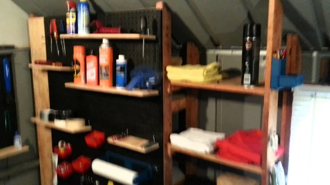 I carved out a little area in my 10 by 13 foot steel shed! Here are some ideas on organization! This is where I do most of my work at home!