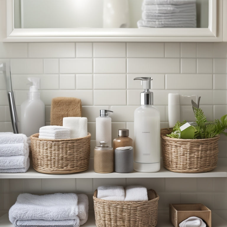 A clutter-free bathroom countertop with neatly arranged toiletries, a tiered tray holding small items, a woven basket storing towels, and a wall-mounted shelf with baskets, all set against a calming, light-gray background.