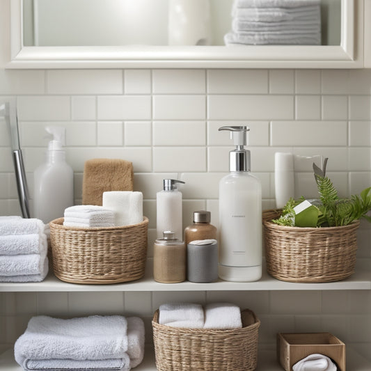 A clutter-free bathroom countertop with neatly arranged toiletries, a tiered tray holding small items, a woven basket storing towels, and a wall-mounted shelf with baskets, all set against a calming, light-gray background.