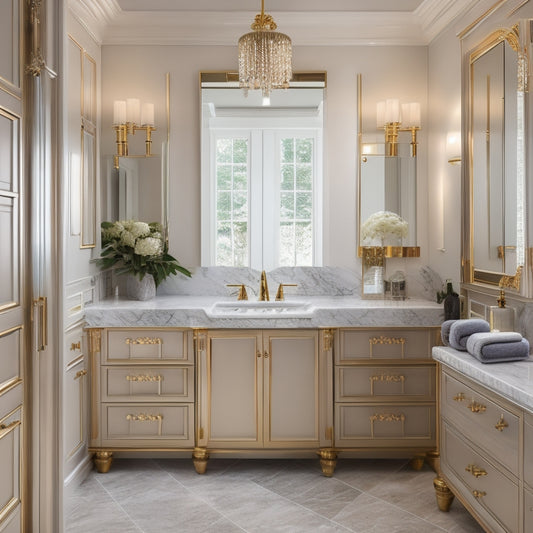 A luxurious bathroom with a double sink vanity set featuring a large, mirrored medicine cabinet with soft-close doors, surrounded by marble countertops and elegant, gold-toned fixtures.
