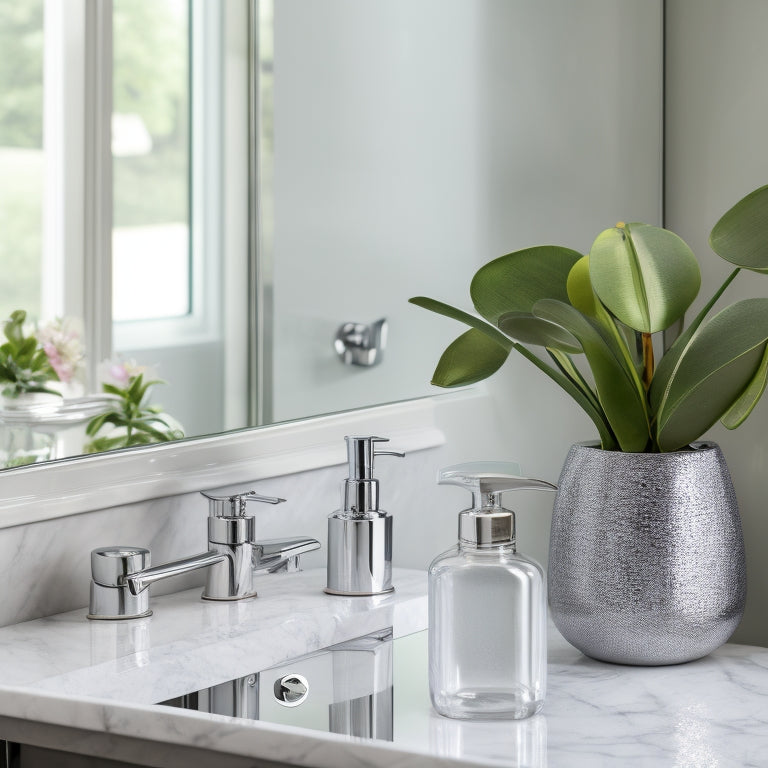 A serene bathroom with three floating shelves in a polished chrome finish, adorned with a potted orchid, a mercury glass vase, and a decorative soap dispenser, against a soft gray marble backdrop.