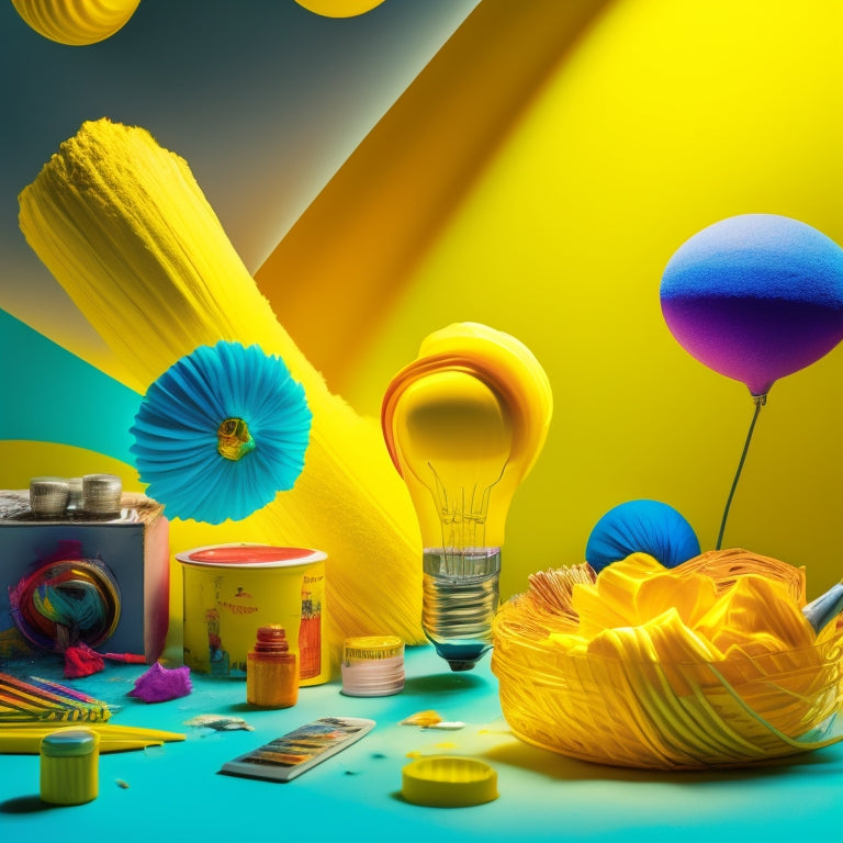 A vibrant, swirling vortex of colorful paintbrush strokes, scattered art supplies, and rising lightbulbs, set against a bright, sunny yellow background, surrounded by subtle, gradient shadows.