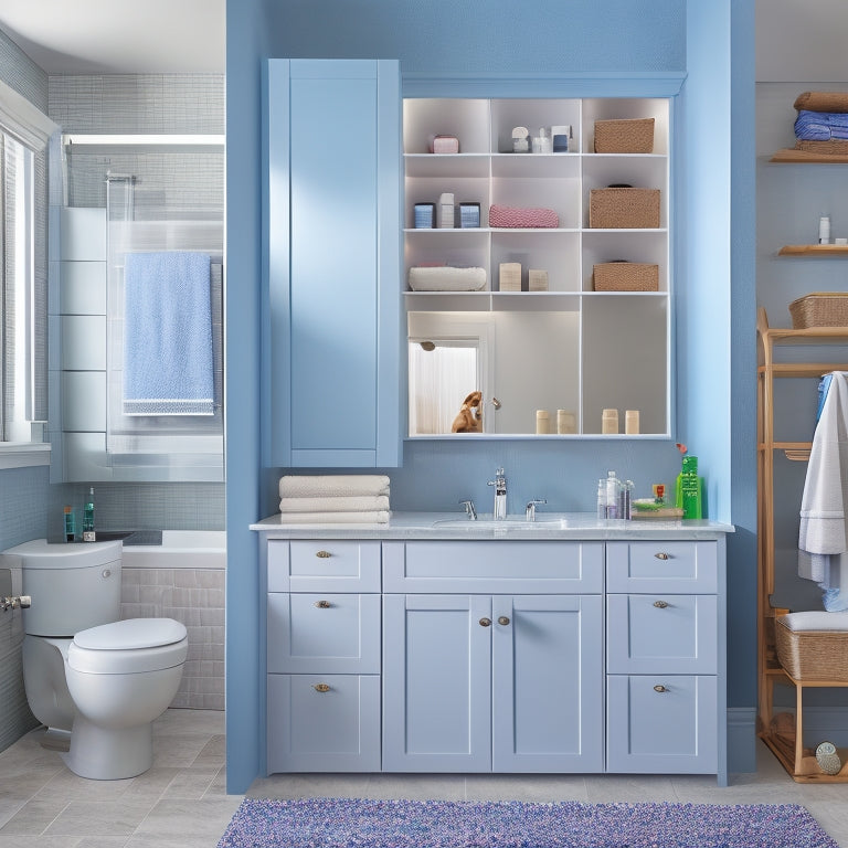 A spacious, modern bathroom with a large, wall-mounted cabinet featuring glass doors, a built-in hamper, and baskets, surrounded by a busy family's toiletries and bath toys.