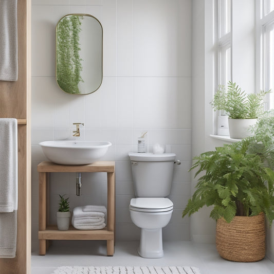 A minimalist bathroom with a wall-mounted shelf holding a woven basket, a few rolled towels, and a small potted plant, alongside a pedestal sink and a compact toilet.