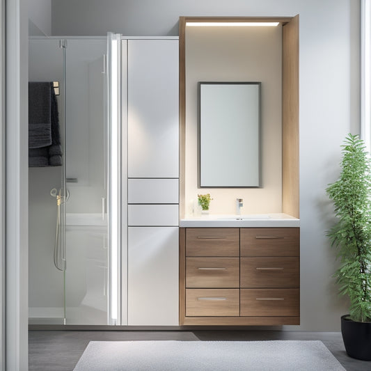 A modern, sleek bathroom with a large wall-mounted medicine cabinet featuring soft-close doors, LED lights, and a mirrored front, reflecting a clean, organized countertop and a few decorative accessories.