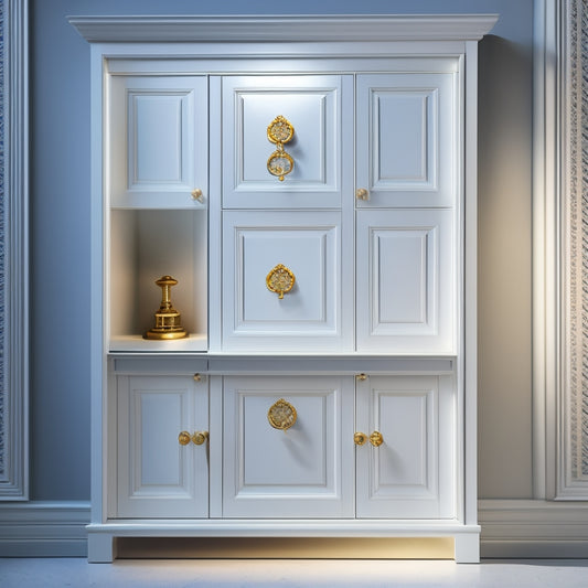 A stylized illustration of a wall white cabinet with adjustable shelves, soft-close drawers, ornate hardware, and a built-in LED light strip, set against a clean, minimalist background.