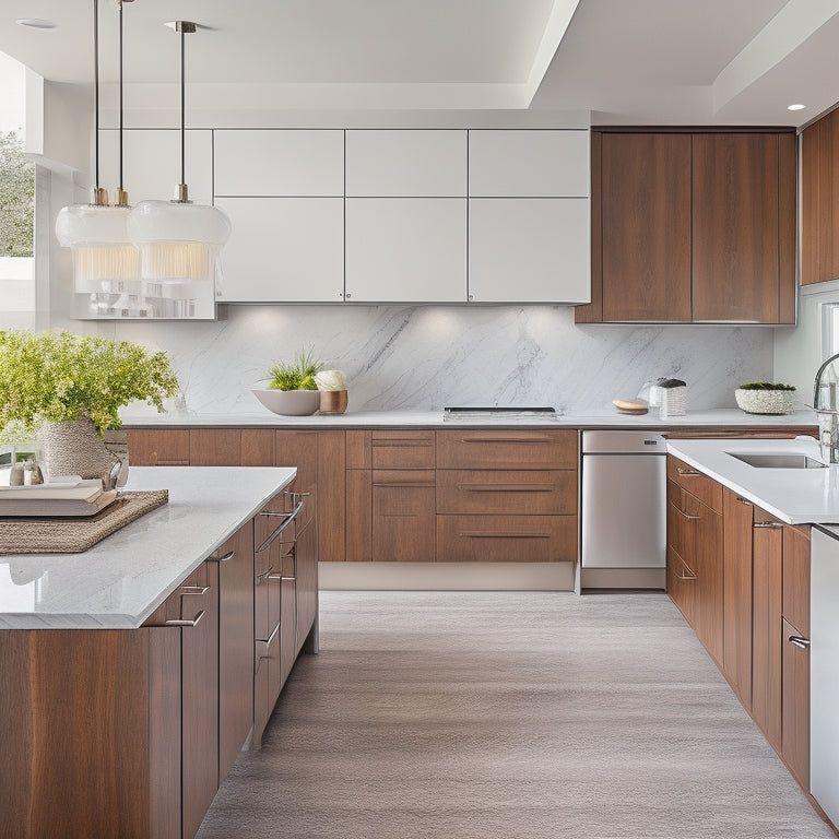 A modern kitchen with a sleek, white quartz countertop, paired with a floor-to-ceiling, dark wood-grain cabinet and a large, wall-mounted vanity with a rounded mirror and chrome fixtures.