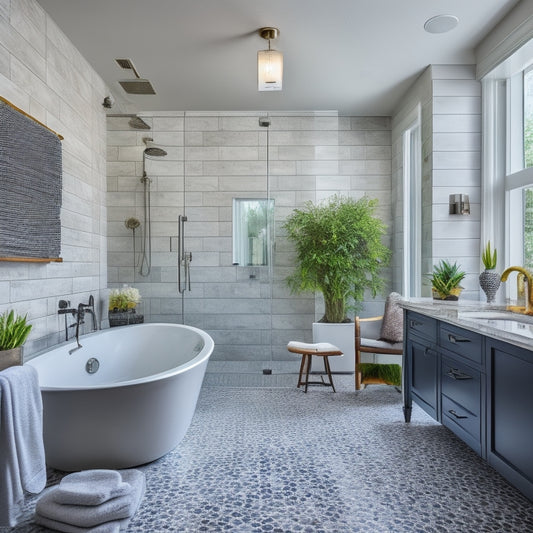 A beautifully remodeled bathroom with a freestanding tub, marble countertops, and a large walk-in shower featuring a rainfall showerhead and decorative tilework, surrounded by sleek, modern fixtures.