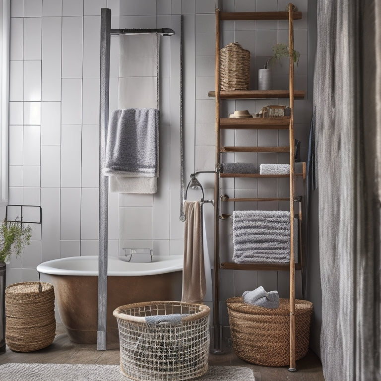 A stylish bathroom with a mix of industrial and rustic elements, featuring a wooden ladder repurposed as a towel rack, a metal mesh cabinet, and a woven basket shelf above a freestanding tub.