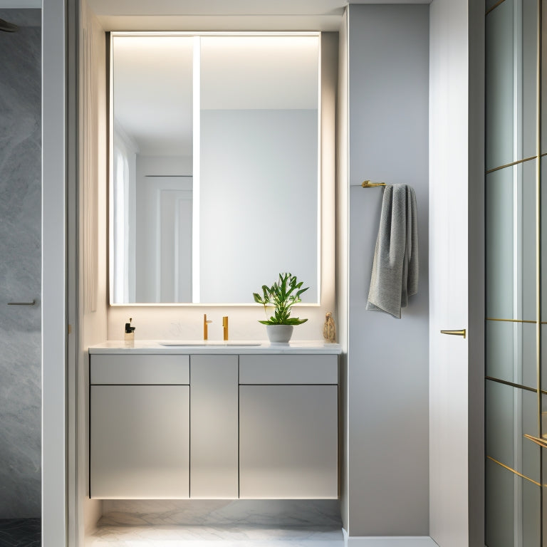 A sleek, modern bathroom with a large, wall-mounted cupboard featuring a mirrored door and soft-close drawers, surrounded by subtle LED lighting and a minimalist, marble-inspired countertop.