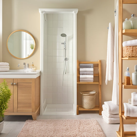 A modern bathroom with cream-colored walls, featuring three floor shelves in a polished chrome finish, holding woven baskets, towels, and decorative soap dispensers, against a backdrop of a large walk-in shower.